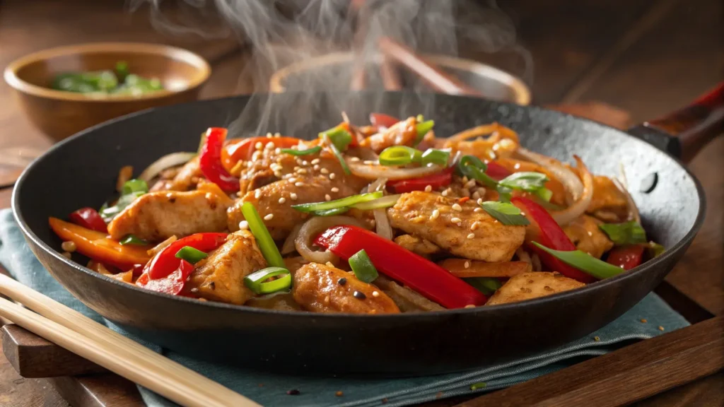 Easy chicken stir fry with cabbage in a skillet, bursting with colorful veggies and tender chicken in a savory sauce