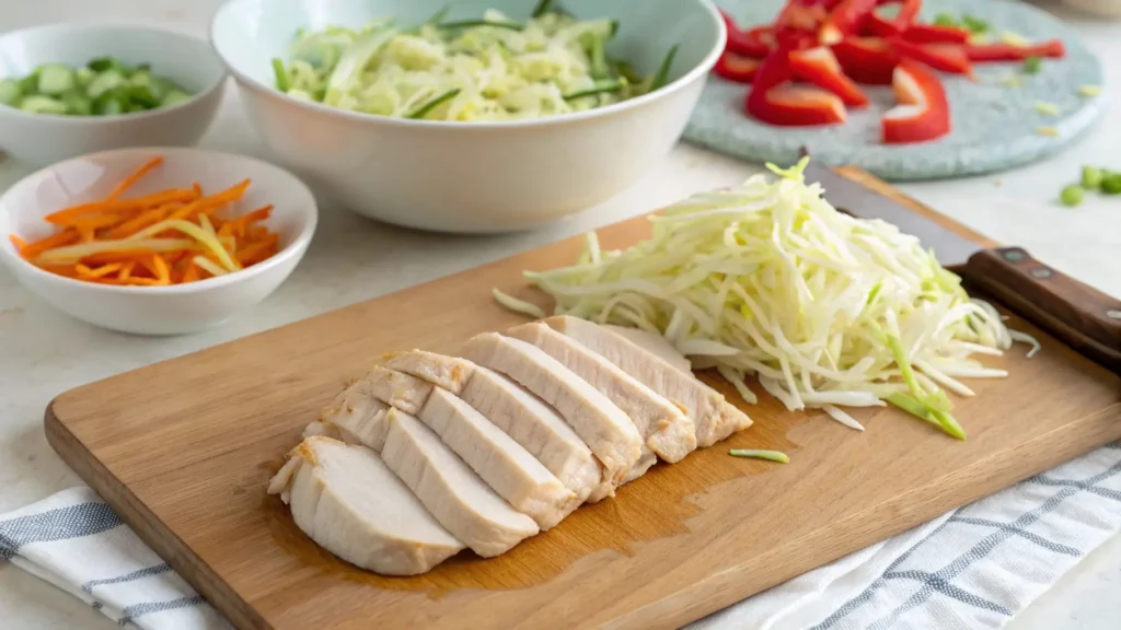 Prepping chicken and veggies for stir fry with cabbage: thinly sliced chicken and shredded cabbage