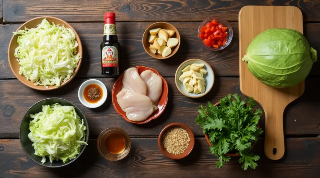 Fresh ingredients for chicken stir fry with cabbage, including chicken, cabbage, garlic, and Asian sauces