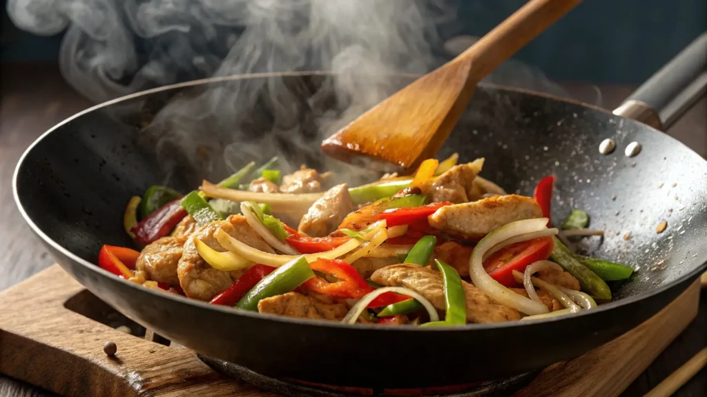 Cooking chicken stir fry with cabbage in a wok: golden chicken and crisp veggies sizzling