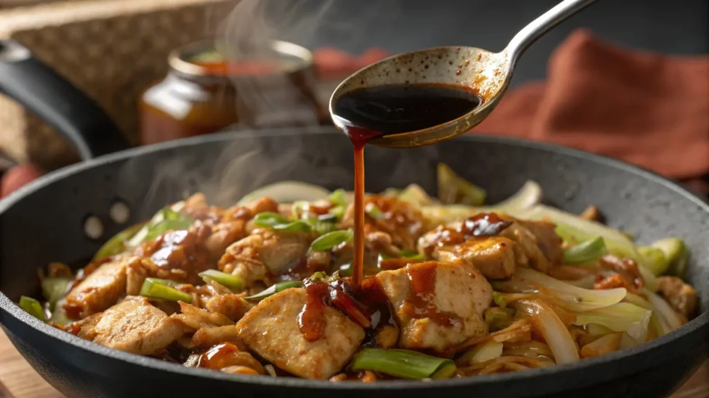 Adding savory sauce to chicken stir fry with cabbage for bold flavor
