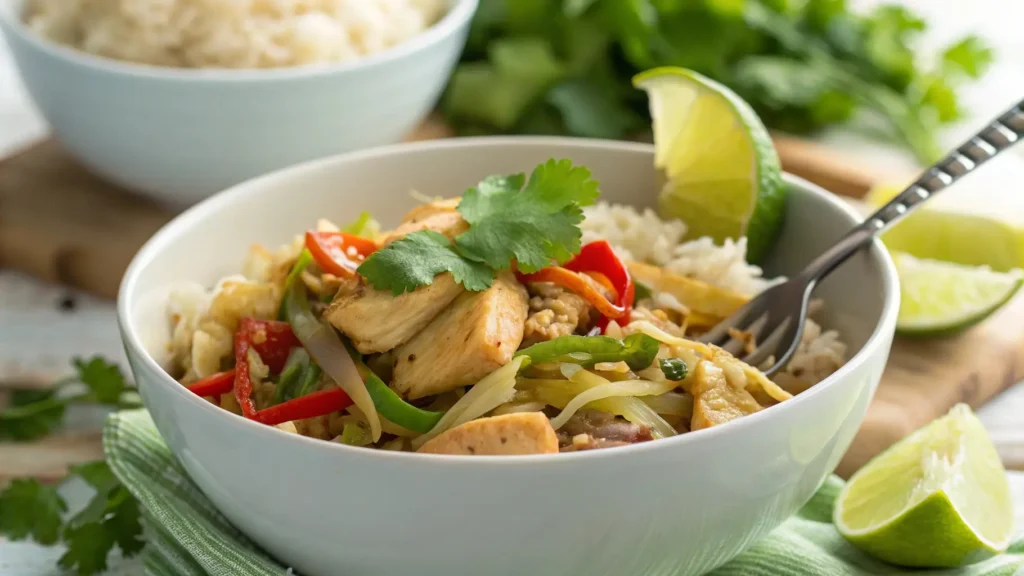 Healthy chicken stir fry with cabbage bowl: lean protein, crunchy veggies, and gluten-free options.