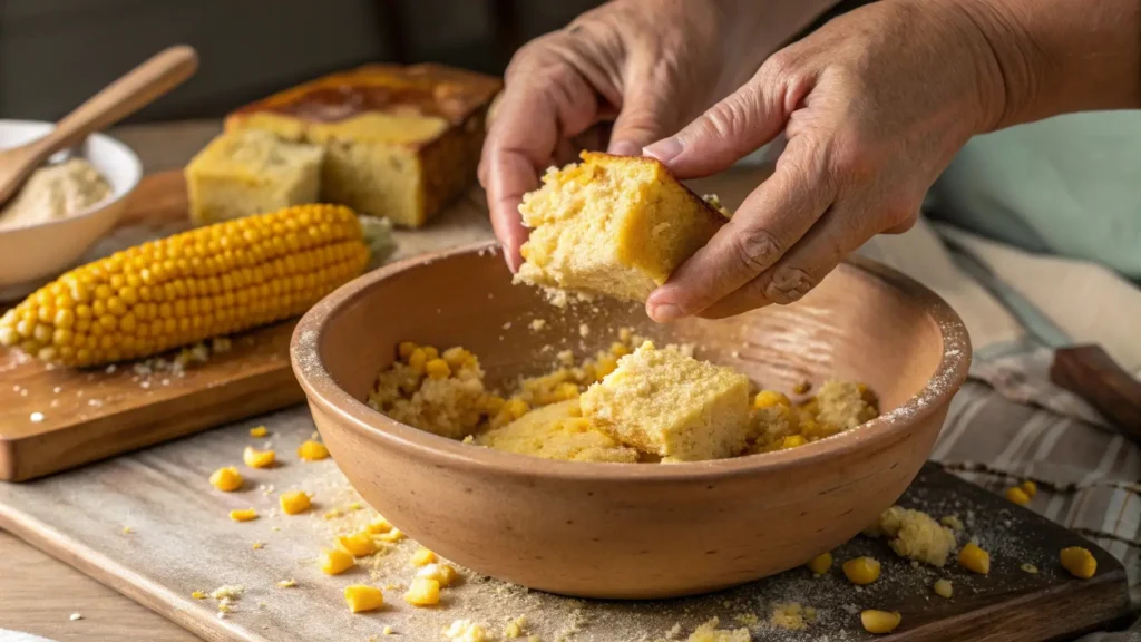 Émiettage de cornbread sec dans un bol pour la préparation de la recette