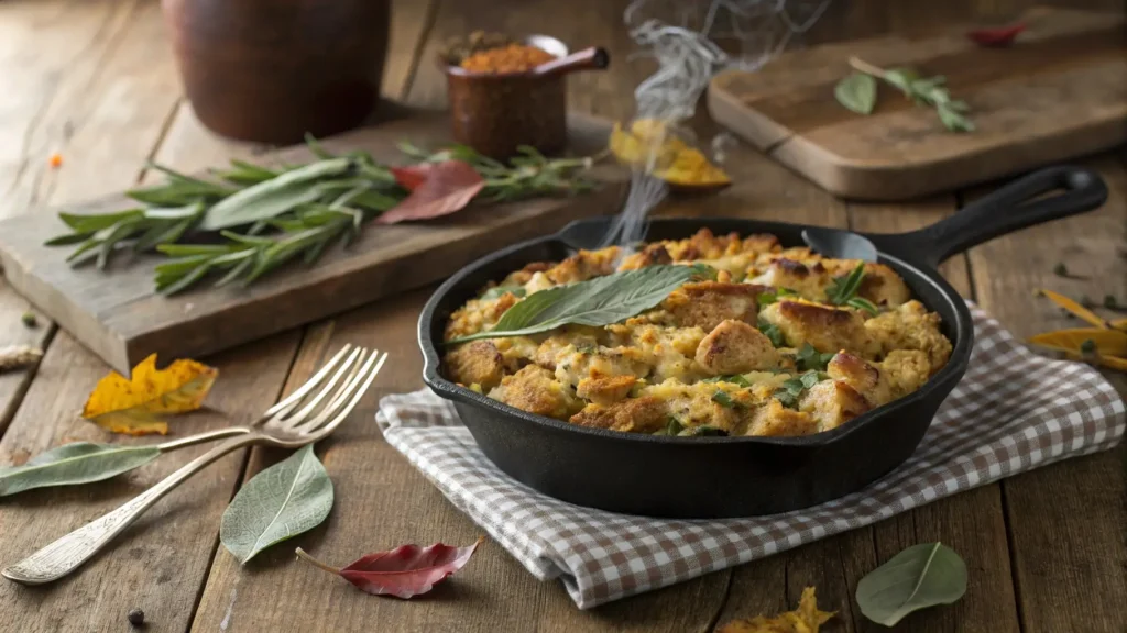 Golden cornbread dressing with chicken in a skillet, garnished with herbs – a Southern comfort food classic
