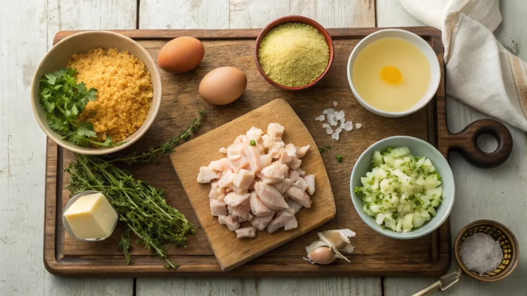 Ingredients for cornbread dressing with chicken – cornbread, chicken, herbs, and veggies ready to cook