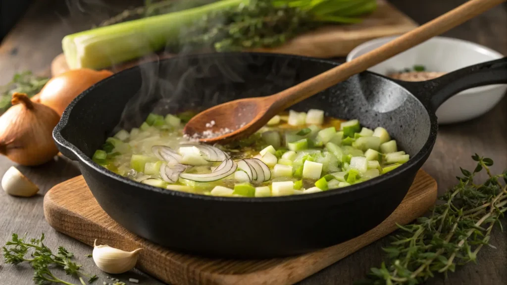 Cuisson des légumes (céleri, oignon, ail) dans du beurre pour la recette.