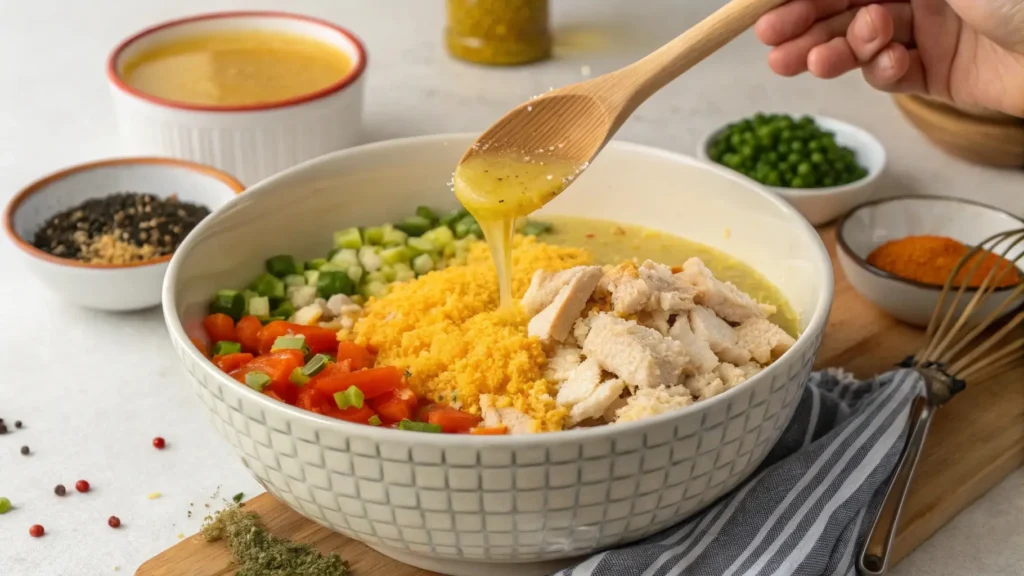 Combinaison des ingrédients pour la panade de cornbread au poulet