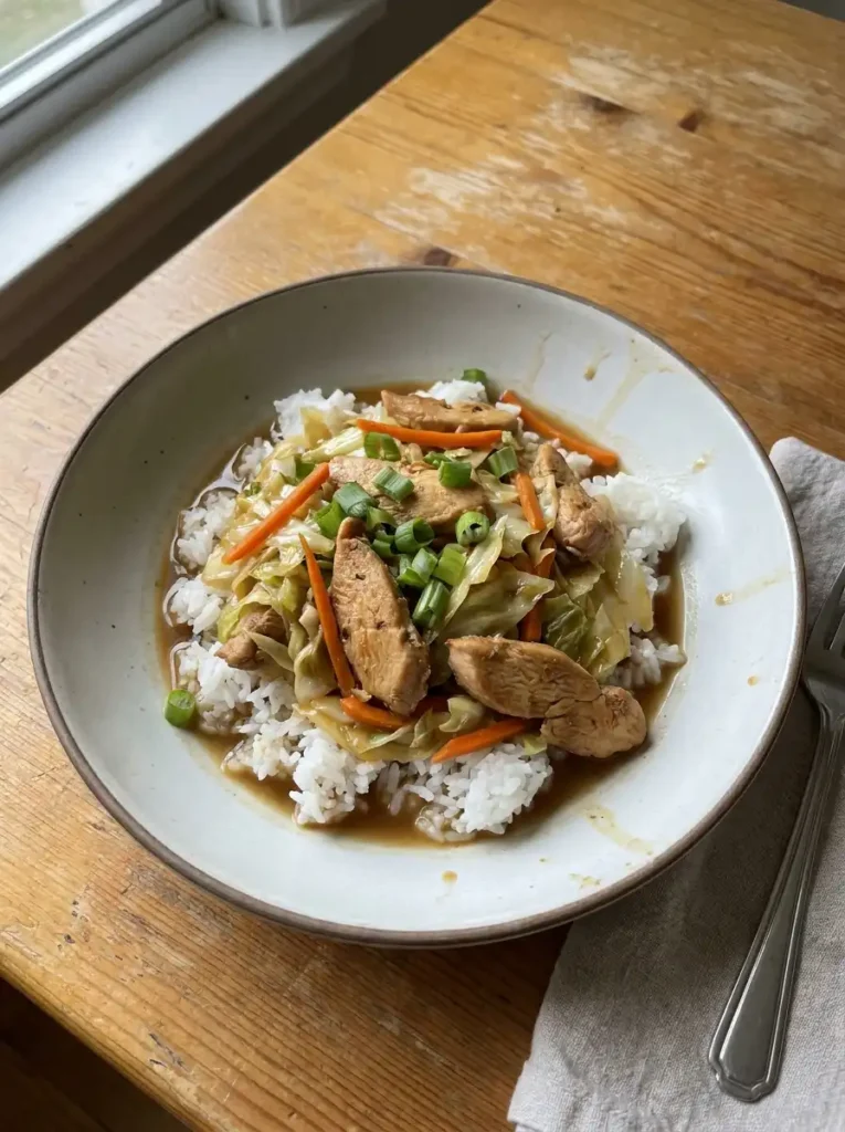 Chicken cabbage stir fry served over rice