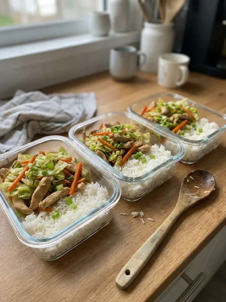 Chicken stir fry with cabbage meal prep containers