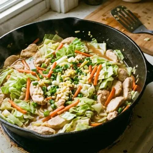 Chicken stir fry with cabbage served in a skillet