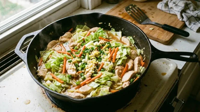 Chicken stir fry with cabbage served in a skillet