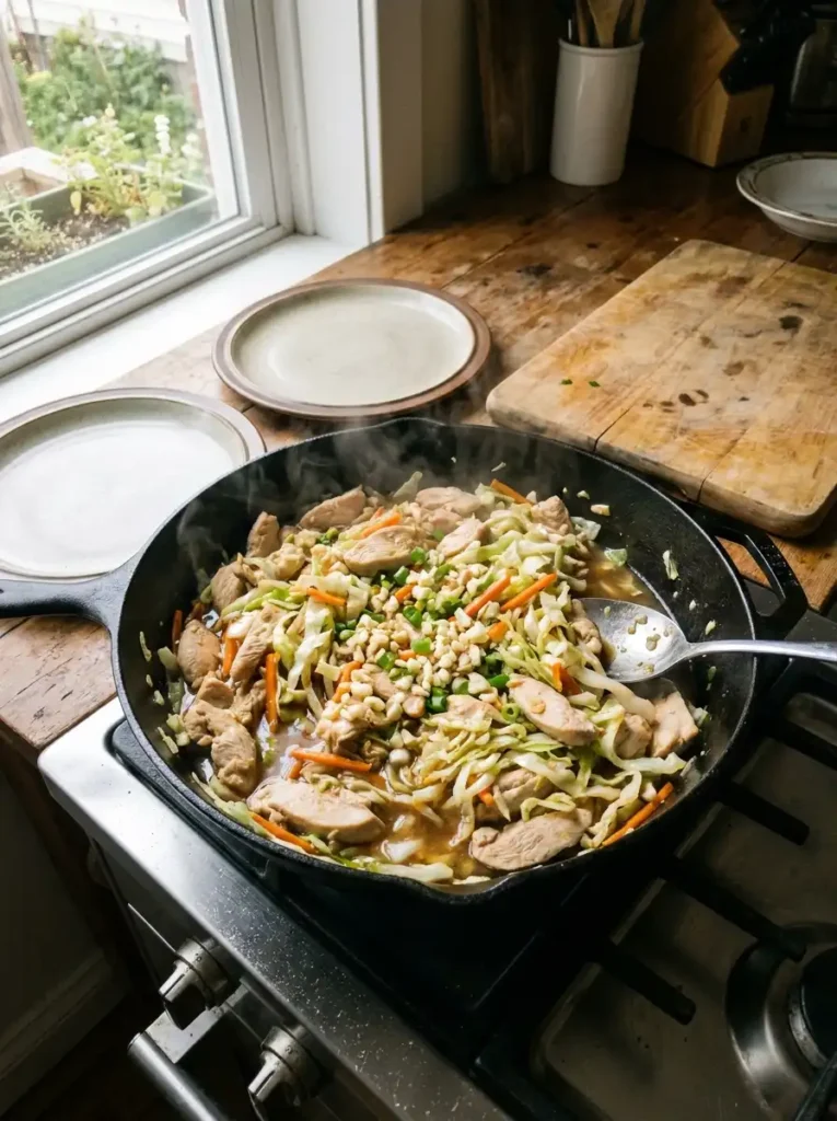 Chicken stir fry with cabbage in a skillet
