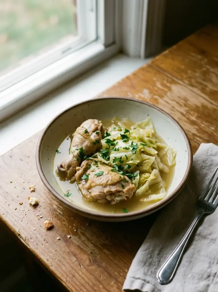 One-pan chicken cabbage dinner served in a bowl
