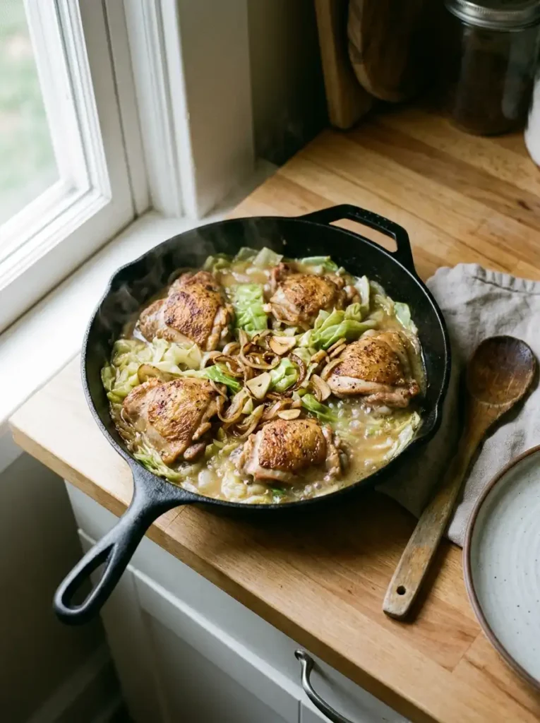 One-pan chicken cabbage recipe cooked in a skillet
