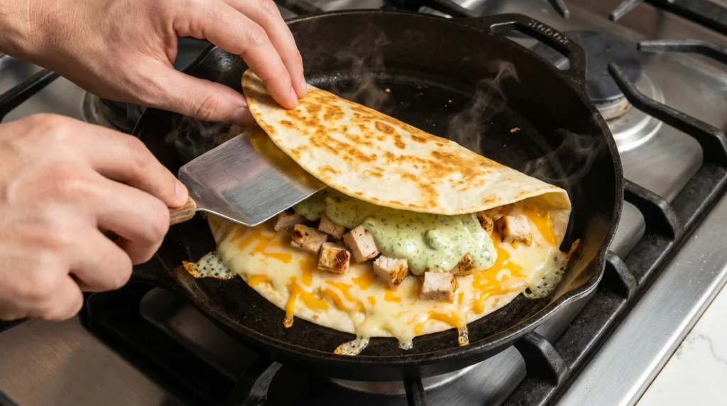 Chicken quesadilla being assembled with cheese, grilled chicken, and creamy jalapeño sauce in skillet.