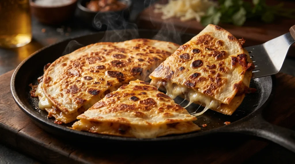 Golden crispy chicken quesadilla cooking in skillet with melted cheese inside.