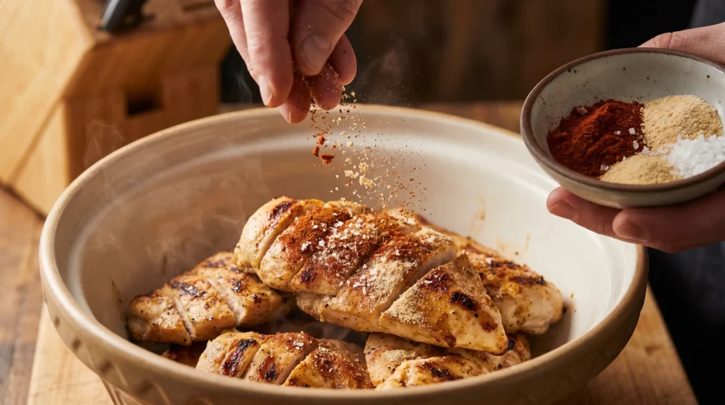 Grilled chicken being seasoned with paprika, garlic powder, and spices in a mixing bowl.