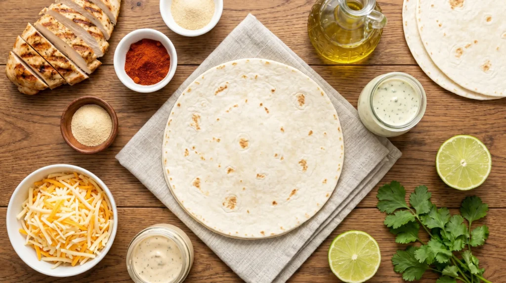 Ingredients for homemade chicken quesadilla including tortillas, grilled chicken, cheese, spices, and jalapeño sauce.