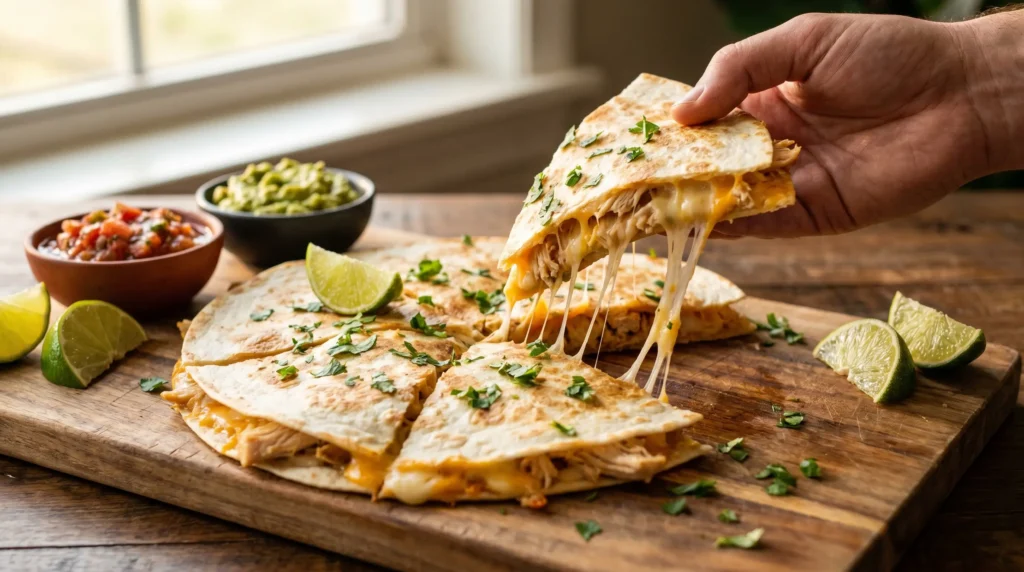 Sliced homemade chicken quesadilla served with salsa, guacamole, and lime wedges.
