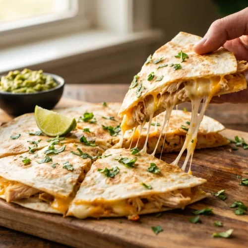 Sliced homemade chicken quesadilla served with salsa, guacamole, and lime wedges.