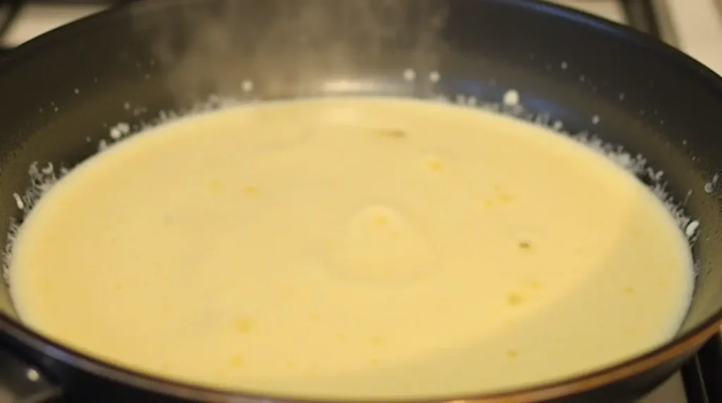 A creamy Alfredo sauce simmering in a pan