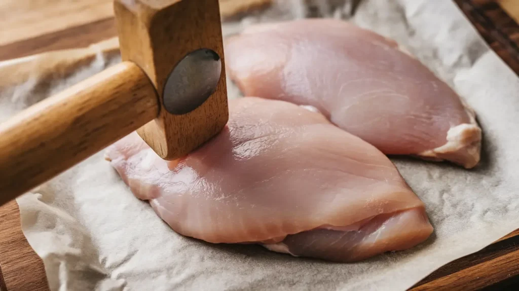 Image of raw chicken breasts being pounded with a meat mallet on parchment paper