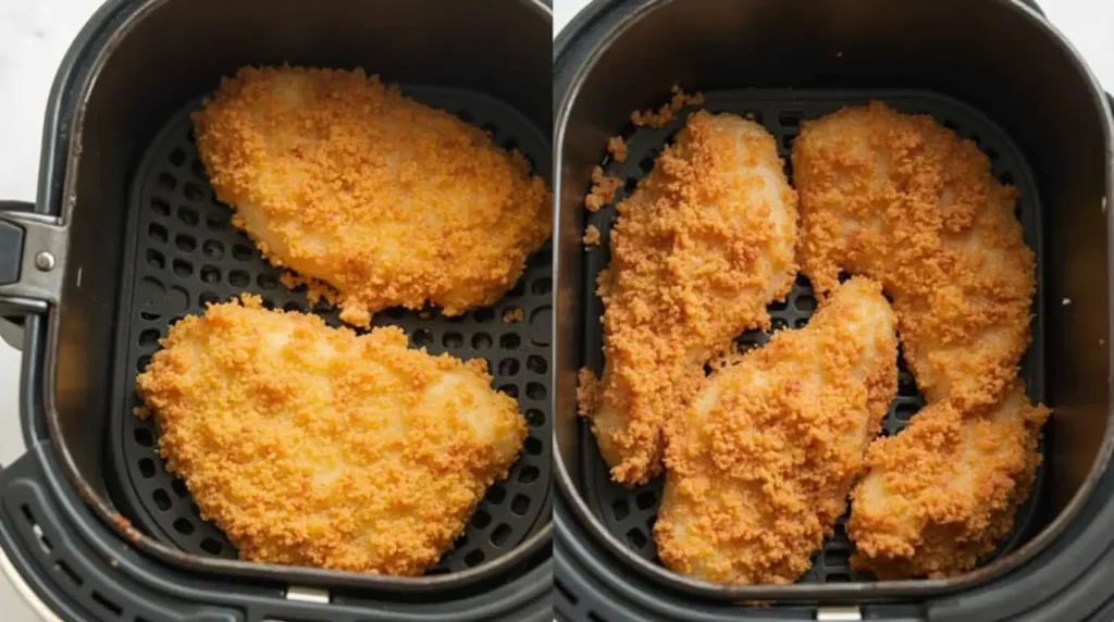 Image of leftover chicken katsu reheating in an air fryer, turning golden and crispy again.