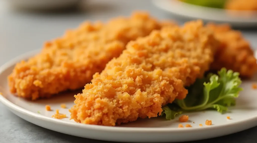 Image of a crispy chicken katsu cutlet with a golden breadcrumb crust, served on a plate.