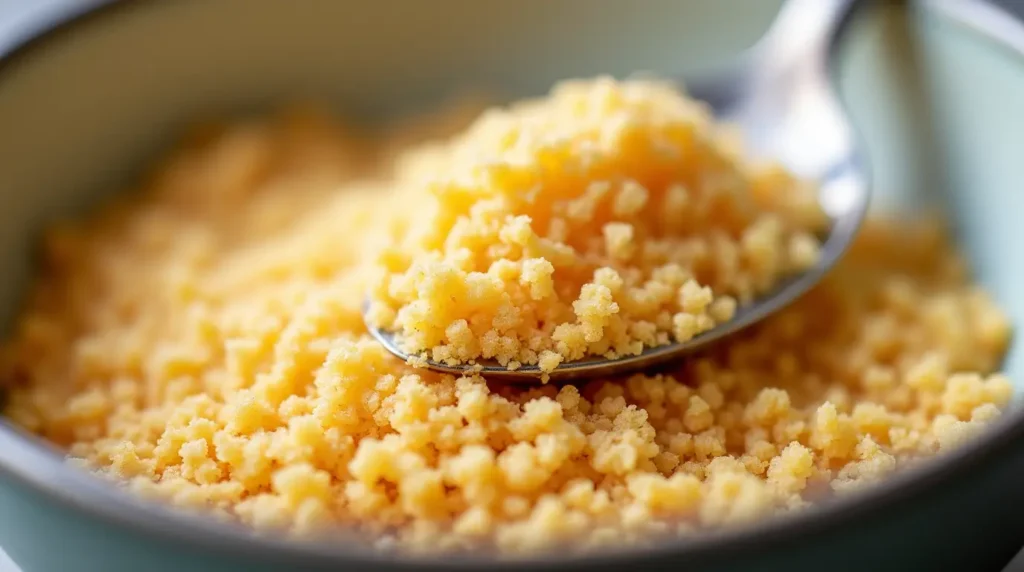 Close-up of panko breadcrumbs in a bowl with a spoon, showcasing the texture and lightness of the breadcrumbs.