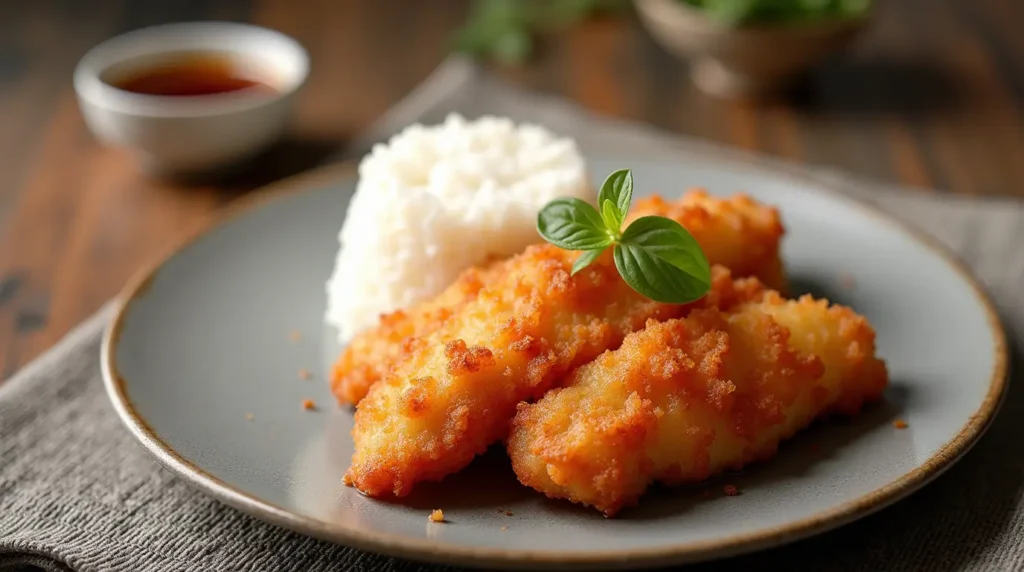 Image of a plate with chicken katsu served with steamed rice and a small bowl of katsu sauce on the side