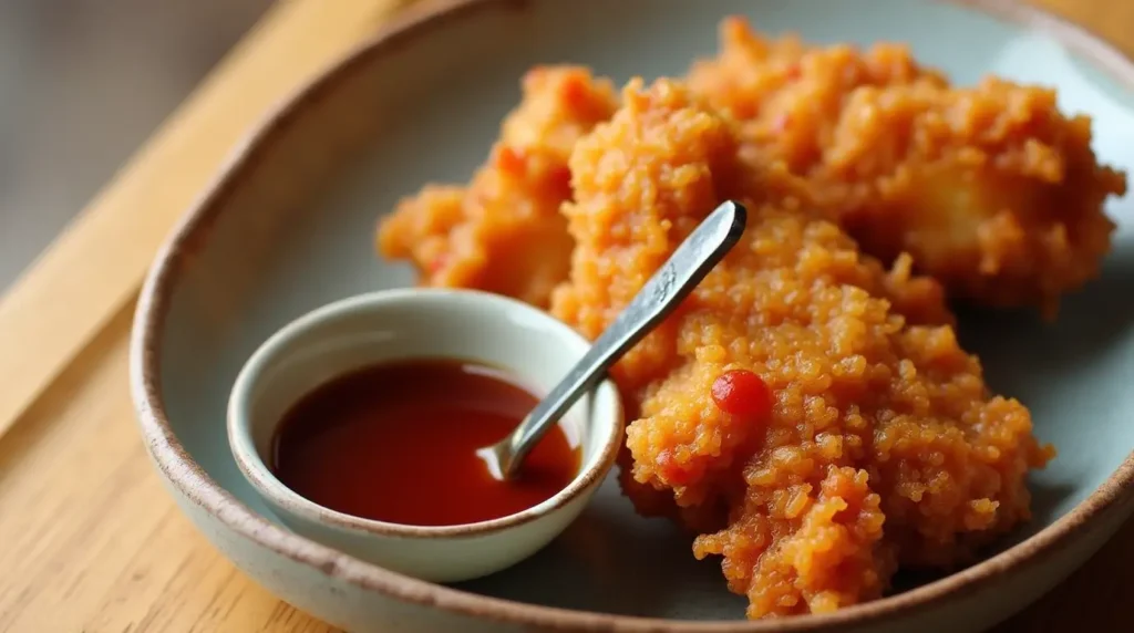 Image of a small bowl of katsu sauce with a spoon, placed beside a serving of chicken katsu.