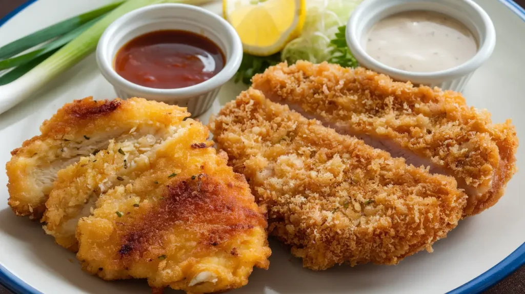 Image comparing a plate of chicken katsu and tonkatsu, each with their respective katsu sauces, placed side by side.