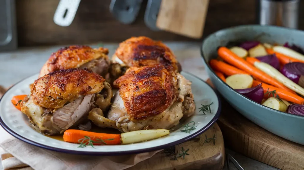 Image of juicy baked chicken thighs with crispy skin, served with roasted vegetables on the side.