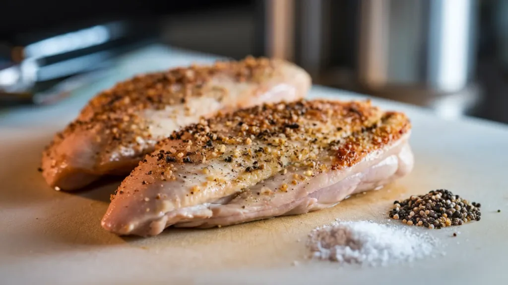 Close-up of seasoned chicken breasts on a cutting board with salt and pepper