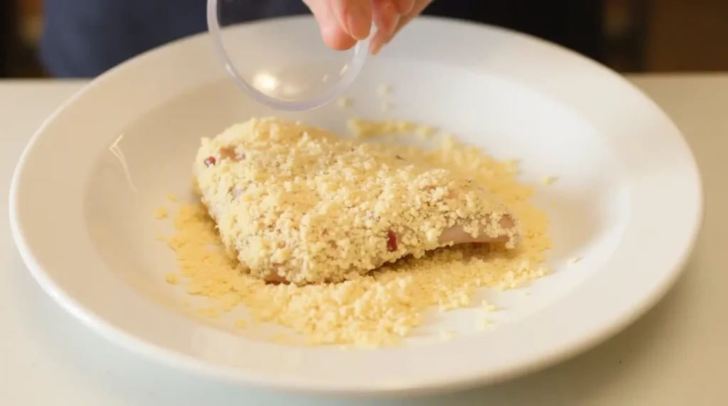 Image of chicken being coated in panko breadcrumbs on a plate