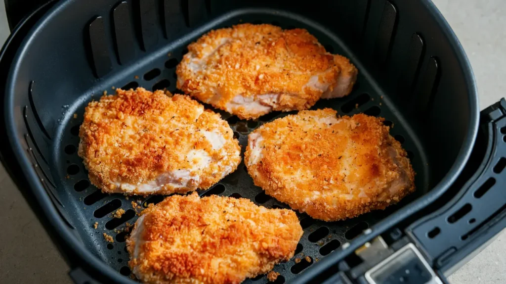 Image of breaded chicken cutlets in an air fryer basket, ready to cook