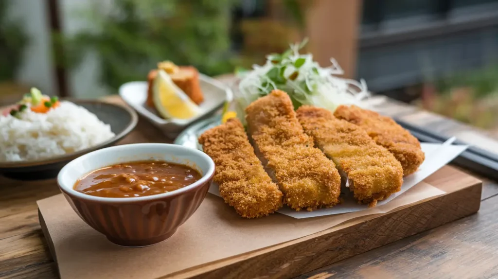 Image of a small bowl of katsu sauce on a wooden table, ready to serve with crispy chicken katsu