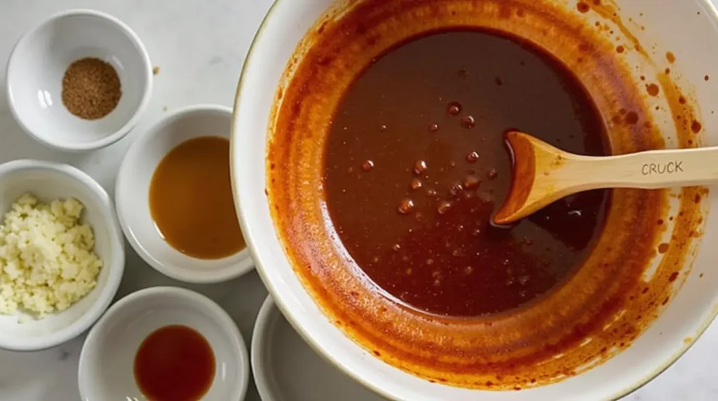 Image of a mixing bowl with homemade tonkatsu sauce, with ingredients spread out on the counter.