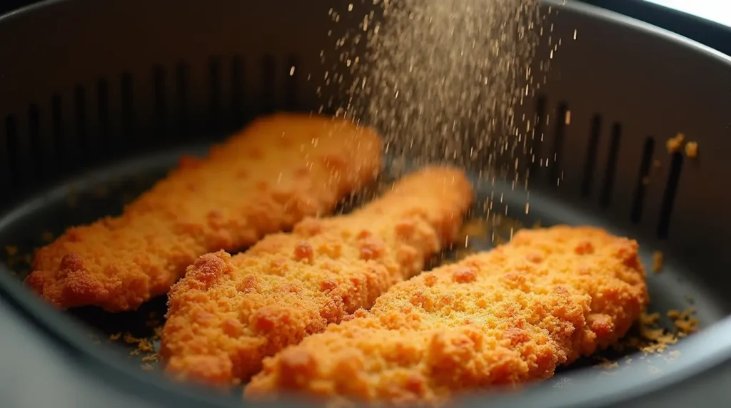 Image of a crispy golden chicken katsu with a light mist of oil sprayed on the breadcrumbs before cooking in the air fryer.