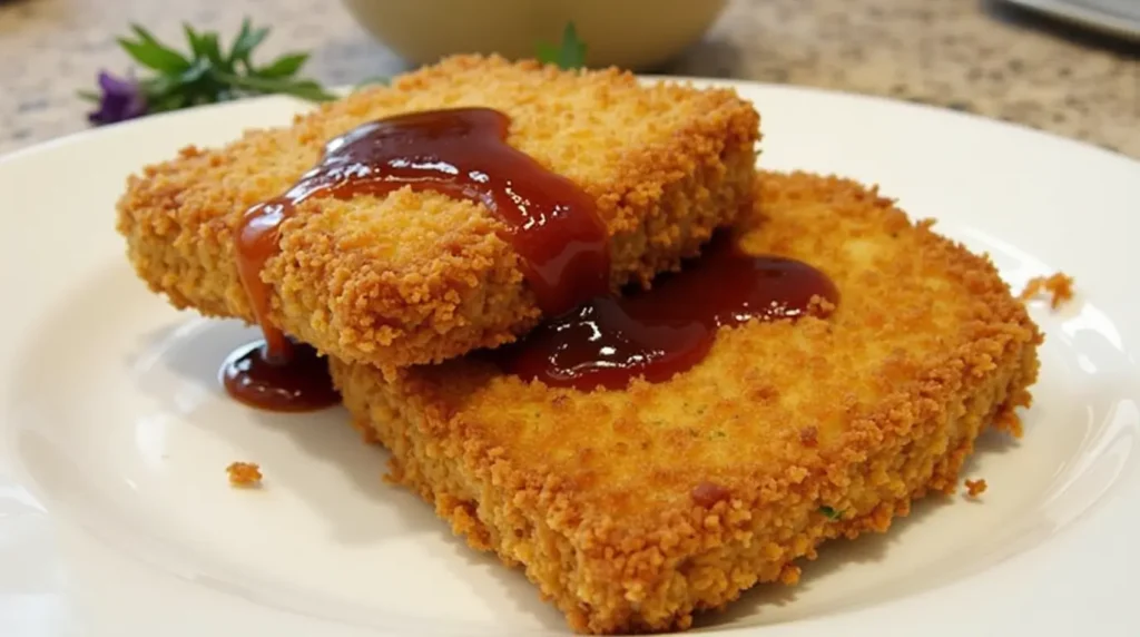 Image of air-fried crispy tofu katsu with a drizzle of katsu sauce for a vegetarian twist.