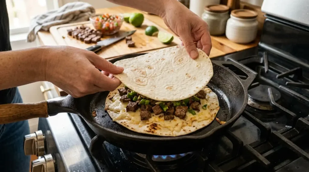 Assembling carne asada quesadilla with shredded cheese and chopped steak on a flour tortilla