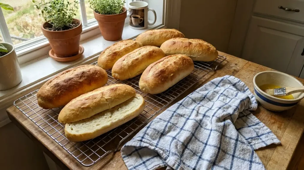 Freshly baked Philly cheesesteak bread — golden hoagie rolls with soft interior cooling on a wire rack