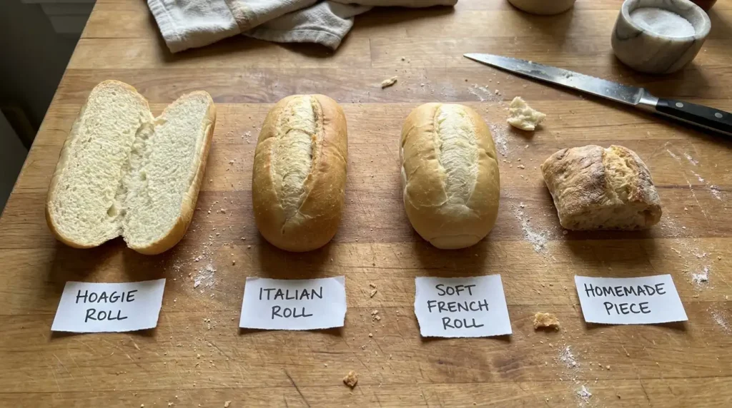 Best bread for Philly cheesesteak comparison — hoagie roll, Italian roll, soft French roll, homemade roll
