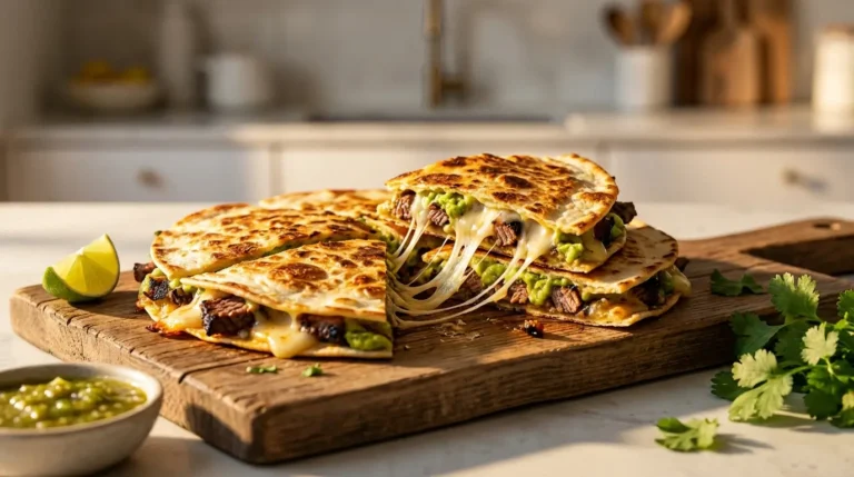 Carne Asada Quesadilla on a slate board with melting cheese and chipotle mayo