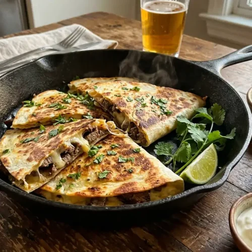 Carne asada quesadilla recipe with melted cheese and crispy tortilla in a cast iron skillet