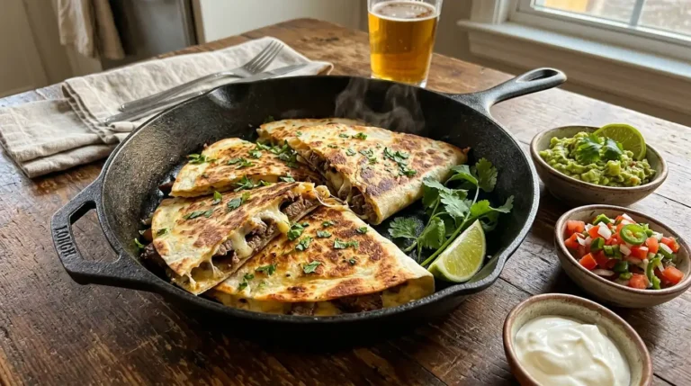 Carne asada quesadilla recipe with melted cheese and crispy tortilla in a cast iron skillet