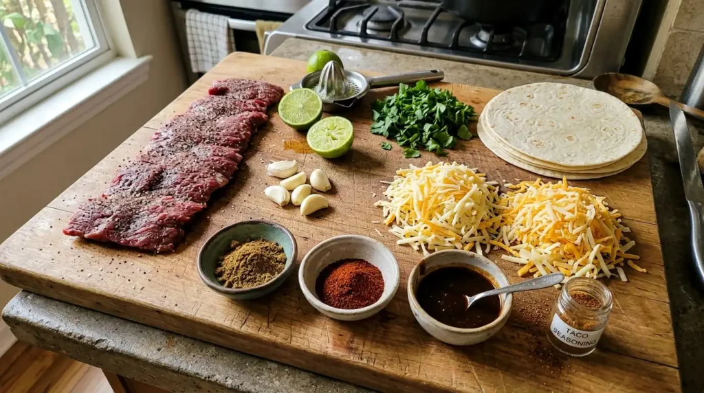 Ingredients for carne asada quesadilla including raw skirt steak, flour tortillas, cheese, garlic, and lime