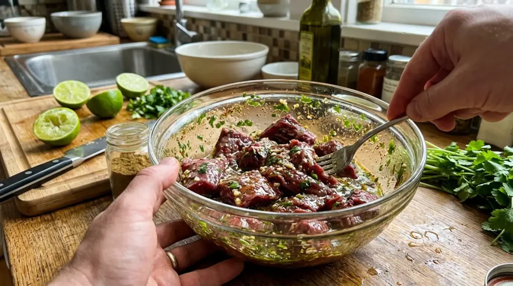 Marinating skirt steak for carne asada quesadilla with lime juice, cumin, and cilantro