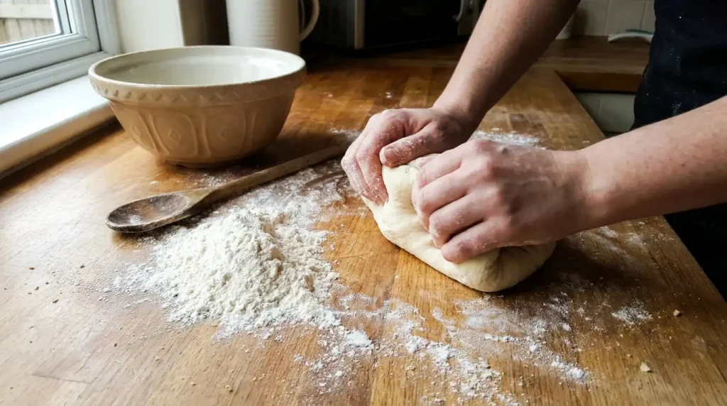 Kneading Philly cheesesteak bread dough — homemade hoagie roll preparation on a floured counter