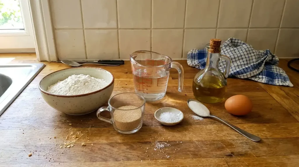 Ingredients for homemade Philly cheesesteak bread — flour, yeast, warm water, salt, sugar, olive oil, egg